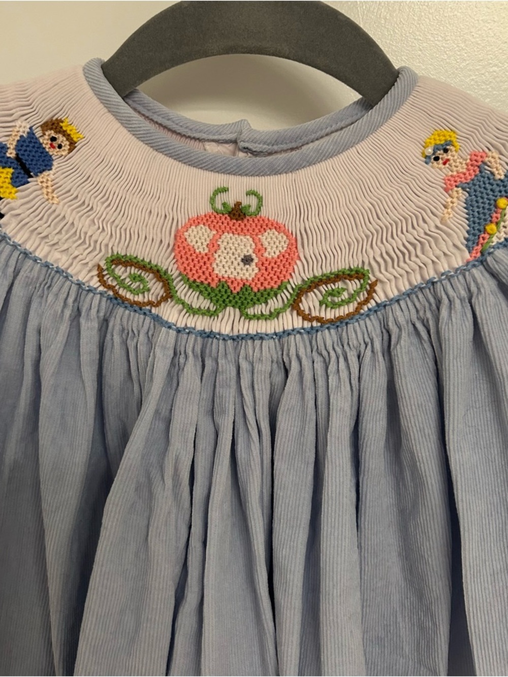 Girls Smocked Blue Corduroy Dress with Pink Floral Motif